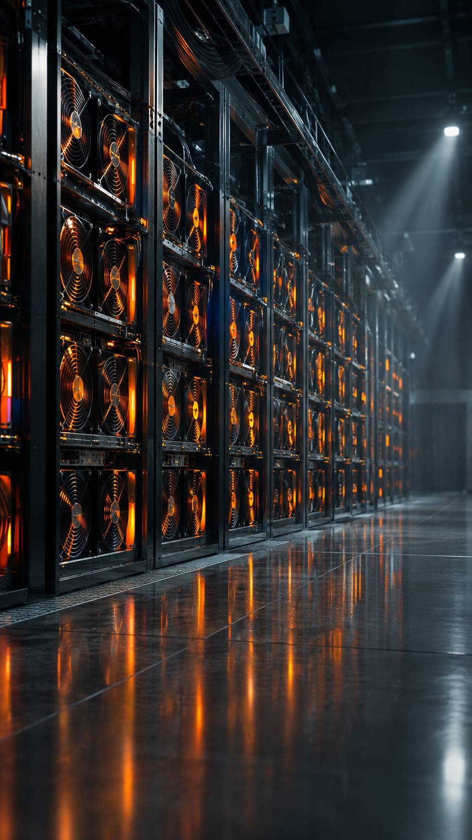 Rows of mining rigs with glowing fans in a dark data center