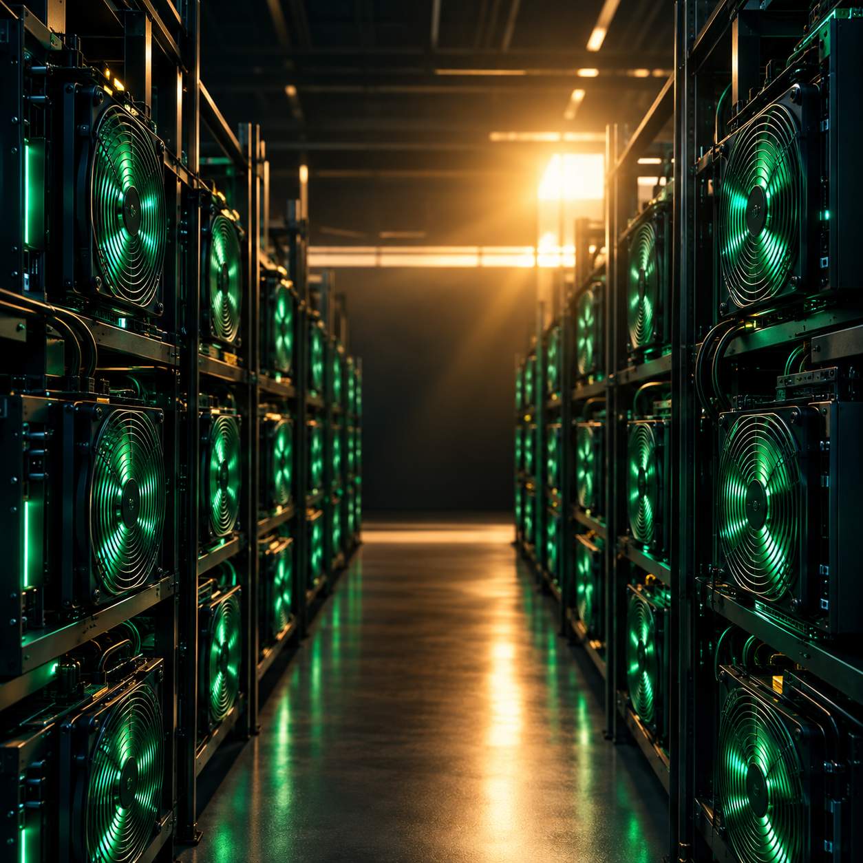 Rows of mining rigs with glowing fans in a dark data center