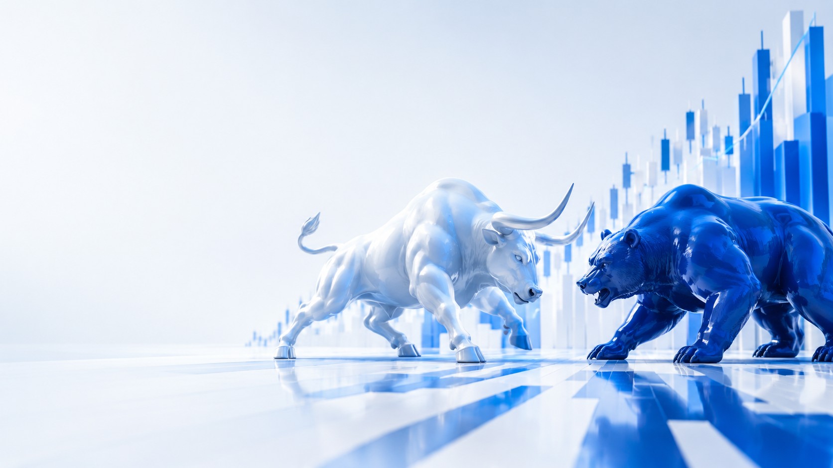 Bull and a bear facing each other on a chart landscape