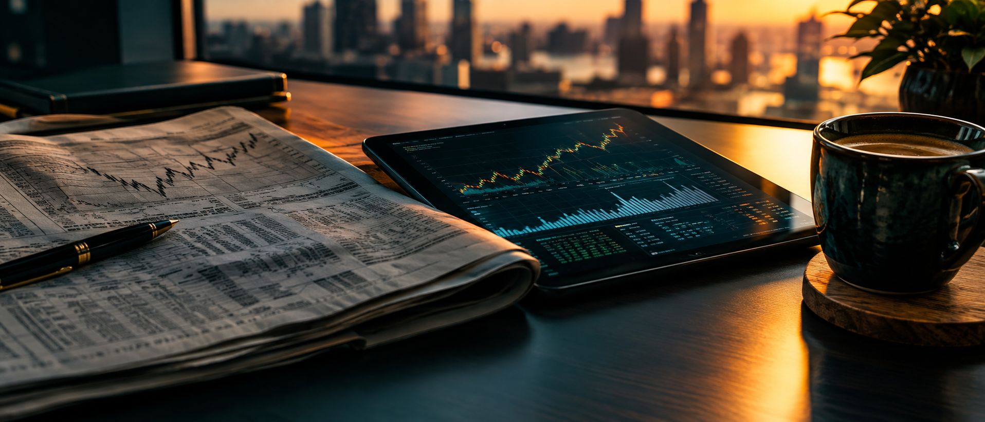 Financial newspaper tablet with charts and coffee on a desk