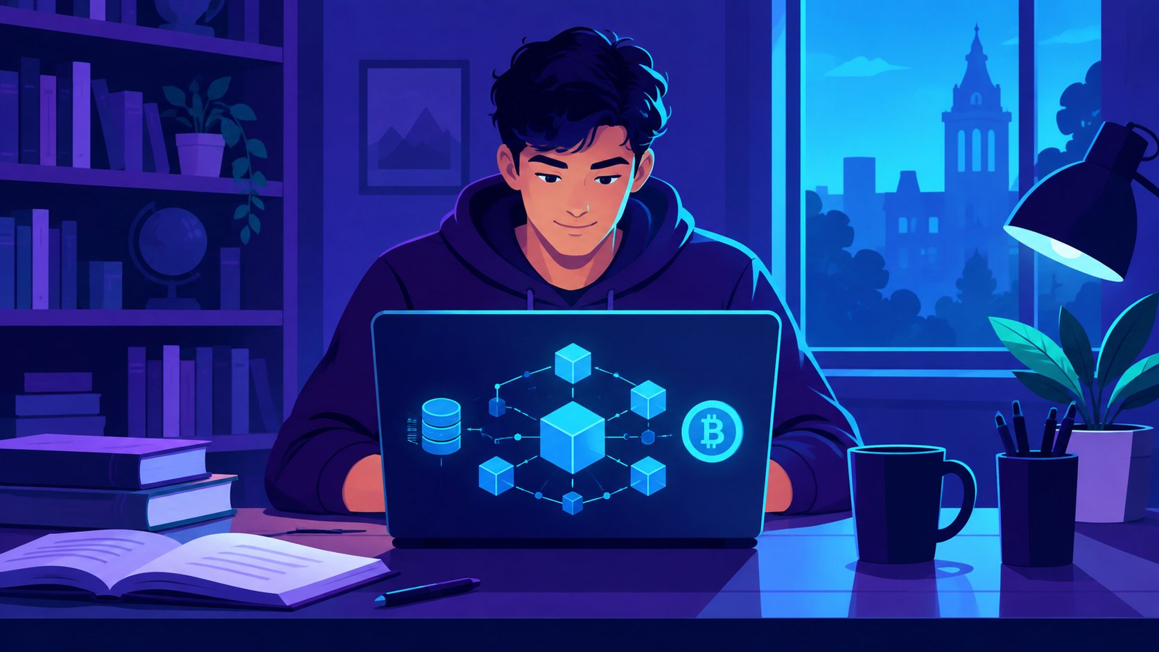 Student laptop showing blockchain diagrams in a cozy study